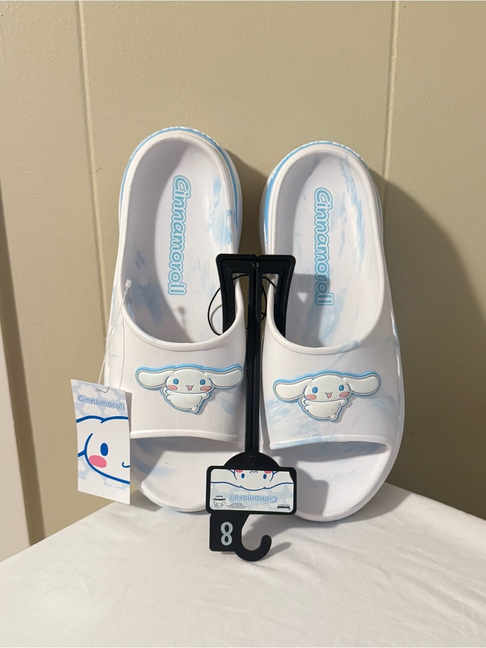 Women's White & Light Blue Slide Sandals Size 8